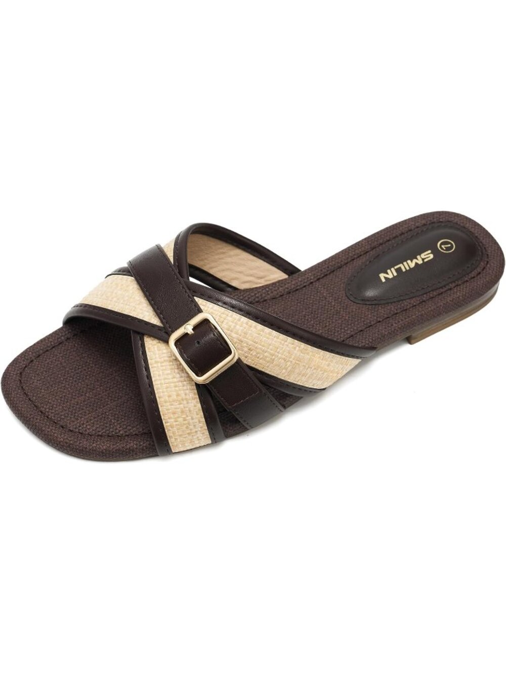 Women's Espresso And Natural Breathable Open Toe Woven Raffia Flat Sandal Shoes
